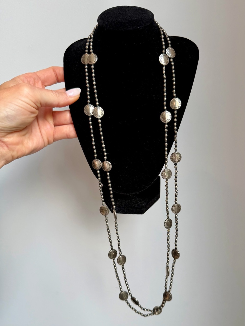 Long Silver-Tone Beaded Coin Necklace - 62” Length
